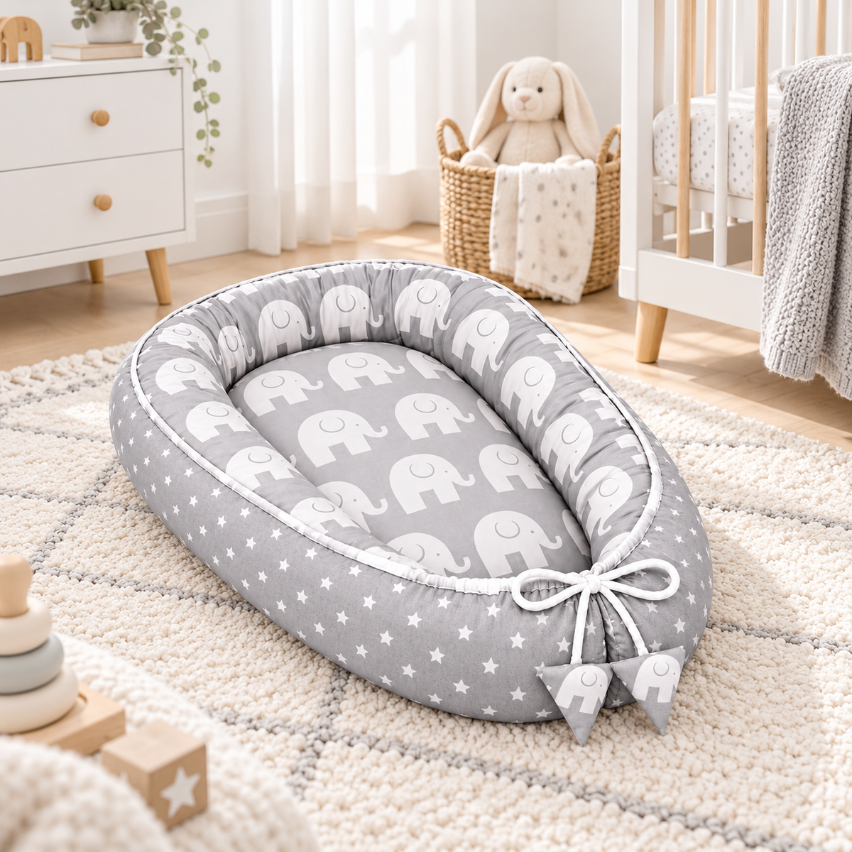 Baby Cocoon Nest  Double-Sided Reversible Baby Lounger with Removable Insert Elephants grey/Small stars