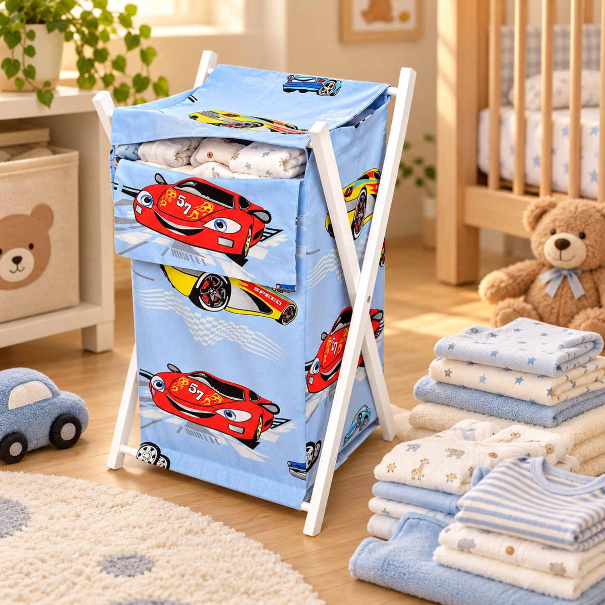 Laundry Basket with white wooden frame and storage removable linen Cars