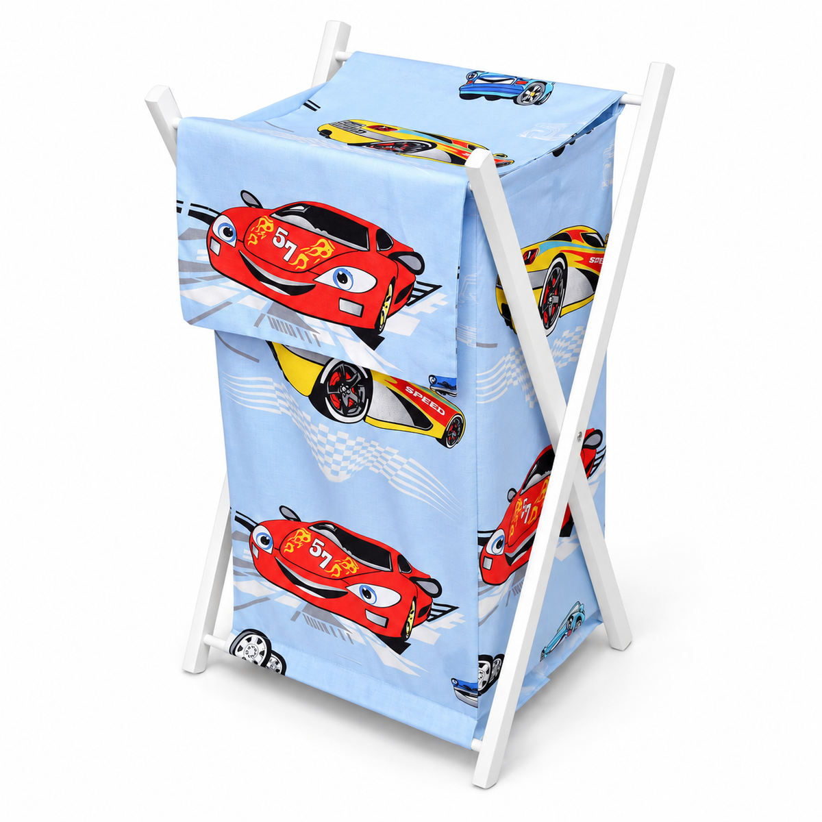 Laundry Basket with white wooden frame and storage removable linen Cars