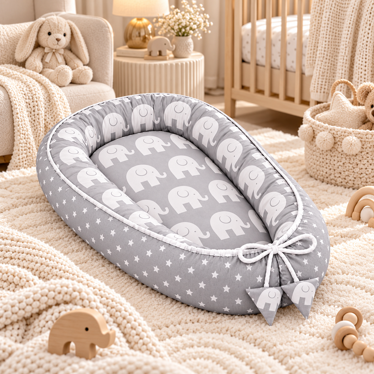 Baby Cocoon Nest  Double-Sided Reversible Baby Lounger with Removable Insert Elephants grey/Small stars