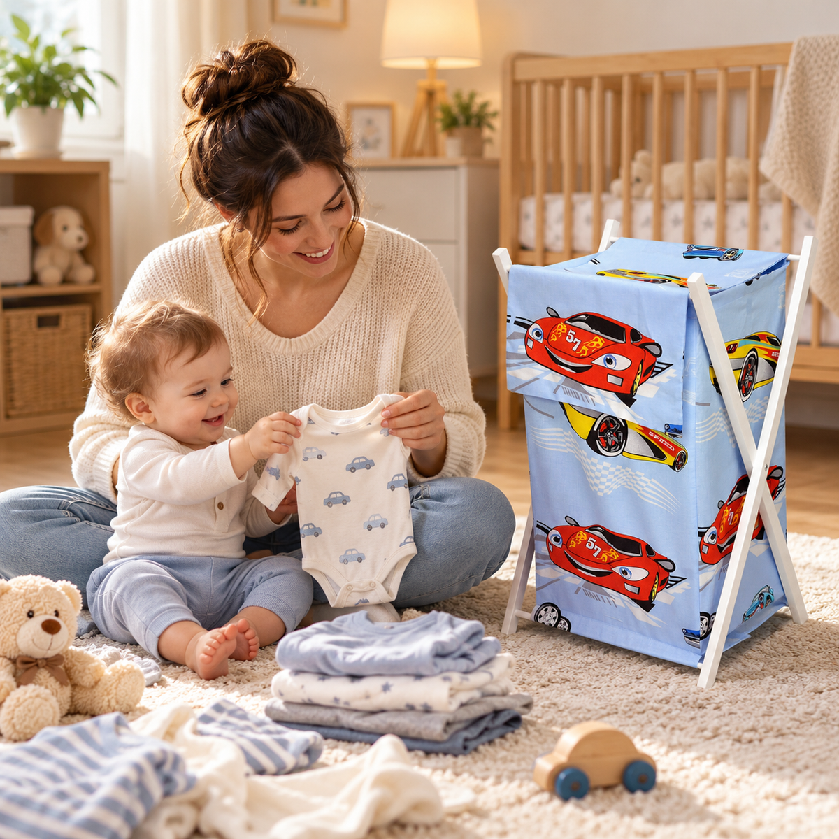 Laundry Basket with white wooden frame and storage removable linen Cars