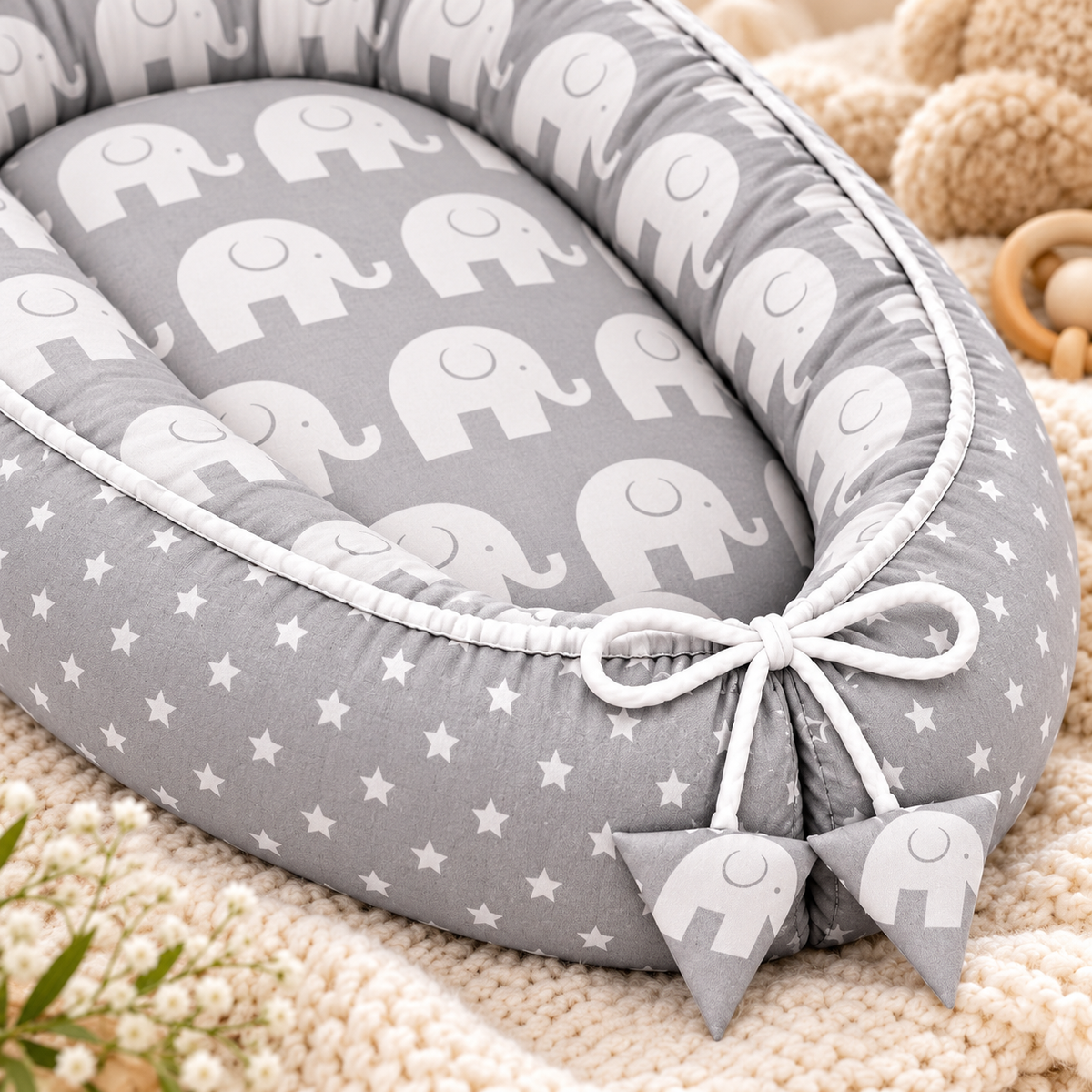 Baby Cocoon Nest  Double-Sided Reversible Baby Lounger with Removable Insert Elephants grey/Small stars