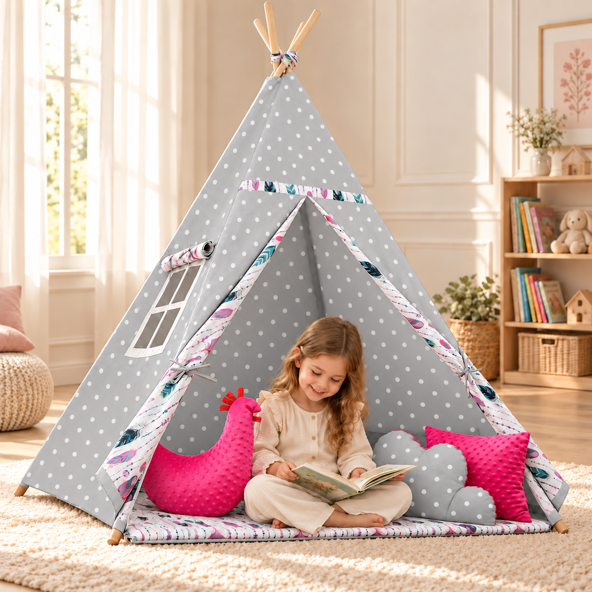 Teepee Wigwam Indoor Outdoor Kids Playhouse Tent With Three Cushions Indian Dots - MyHappy Baby