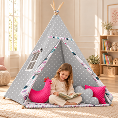 Teepee Wigwam Indoor Outdoor Kids Playhouse Tent With Three Cushions Indian Dots - MyHappy Baby