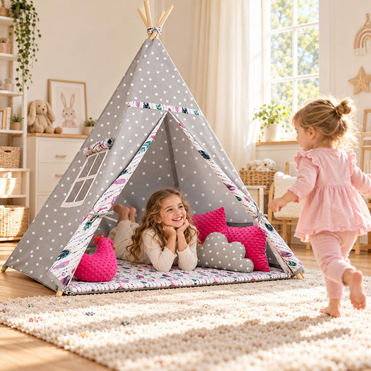 Teepee Wigwam Indoor Outdoor Kids Playhouse Tent With Three Cushions Indian Dots - MyHappy Baby