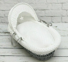 Luxury Moses Basket Padded Grey Wicker Baby Full Set - White Dimple - MyHappy Baby