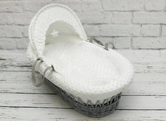 Luxury Moses Basket Padded Grey Wicker Baby Full Set - White Dimple - MyHappy Baby