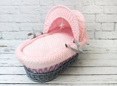 Luxury Moses Basket Padded Grey Wicker Baby Full Set - Pink Dimple - MyHappy Baby