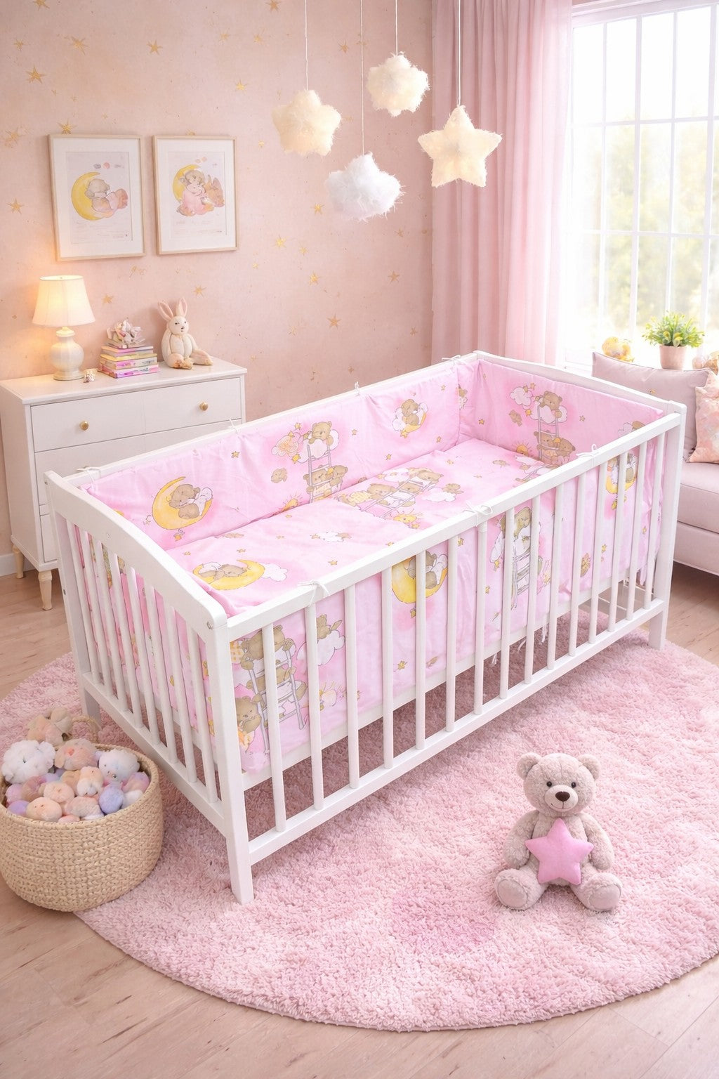 Baby 3Pc Bedding Set Cotton All-Round Straight Bumper Fit Cot 120x60cm Ladder Pink