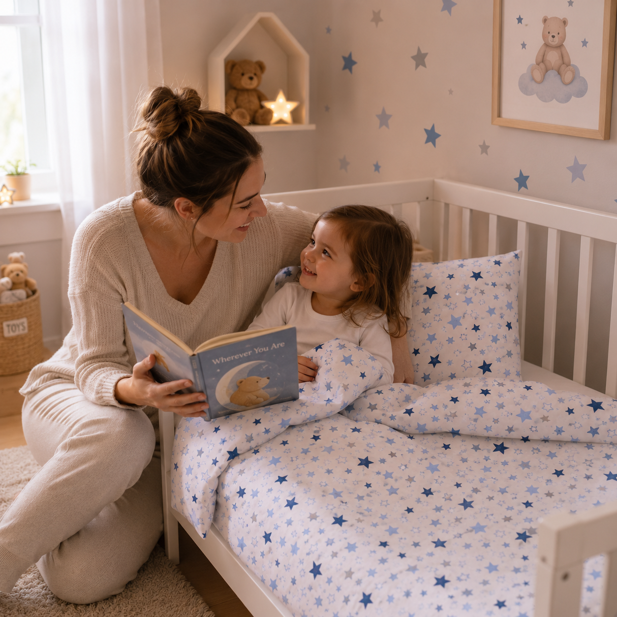 BABYMAM 2Pc Set to Fit Cot 120x90cm 100% Cotton Baby Bedding Cot Toddler Duvet Cover and Pillowcase (Blue Milky Way)