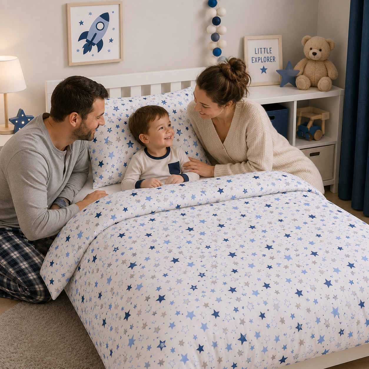 BABYMAM 2Pc Set to Fit Cot 120x90cm 100% Cotton Baby Bedding Cot Toddler Duvet Cover and Pillowcase (Blue Milky Way)