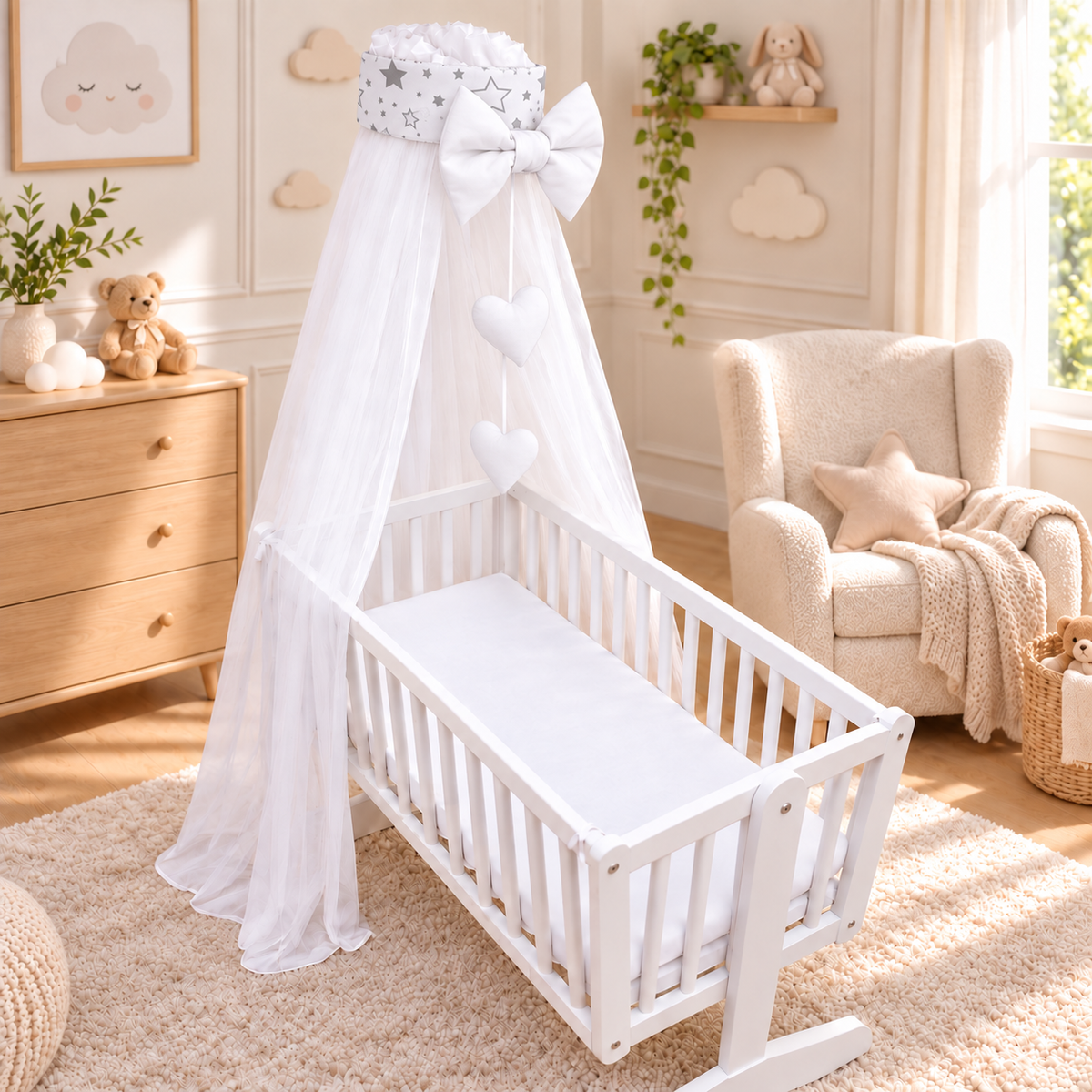Baby Crib Canopy Mosquito Net with Holder, Decorative Bow & Hanging Hearts – Milky Way