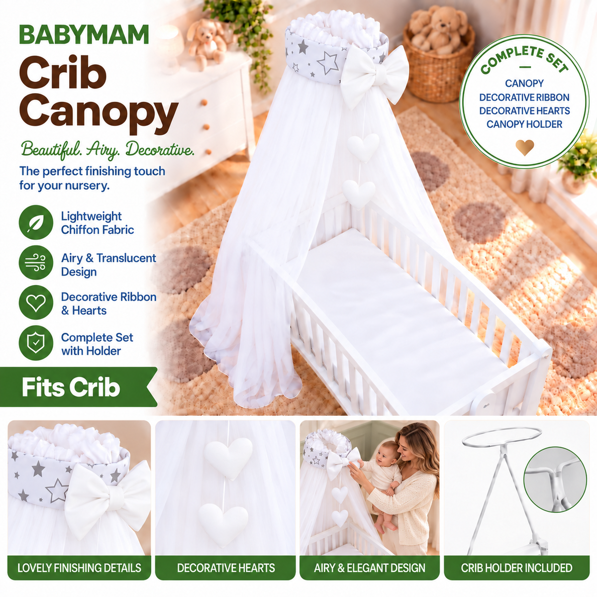 Baby Crib Canopy Mosquito Net with Holder, Decorative Bow & Hanging Hearts – Milky Way