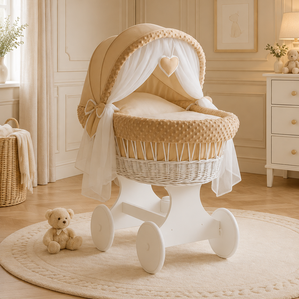 White Wicker Moses Basket Hood Wheels Baby Beige