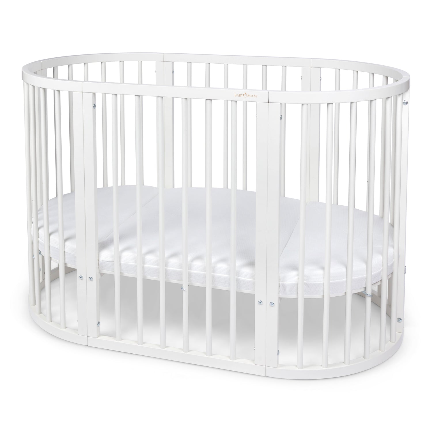 BABYMAM Snoa Oval Baby Cot – White Convertible Crib with Mattress