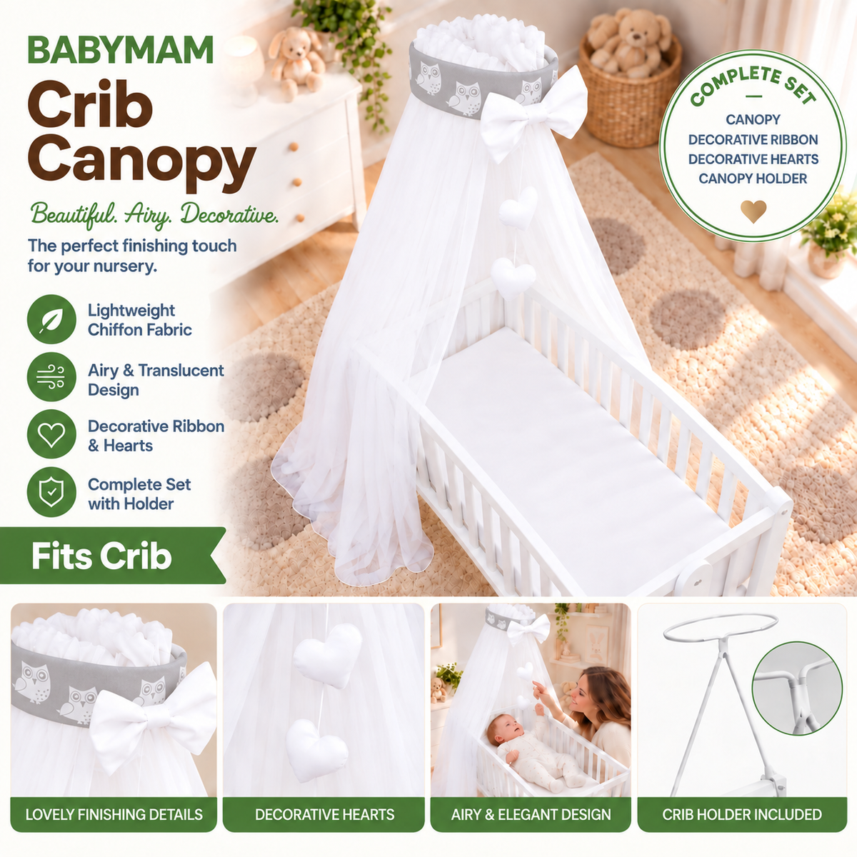 Baby Crib Canopy Mosquito Net with Holder, Decorative Bow & Hanging Hearts – Owls grey