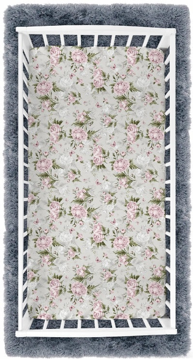 Fitted Sheet 120x60cm 100% Cotton for Baby cot Peony and Butterflies