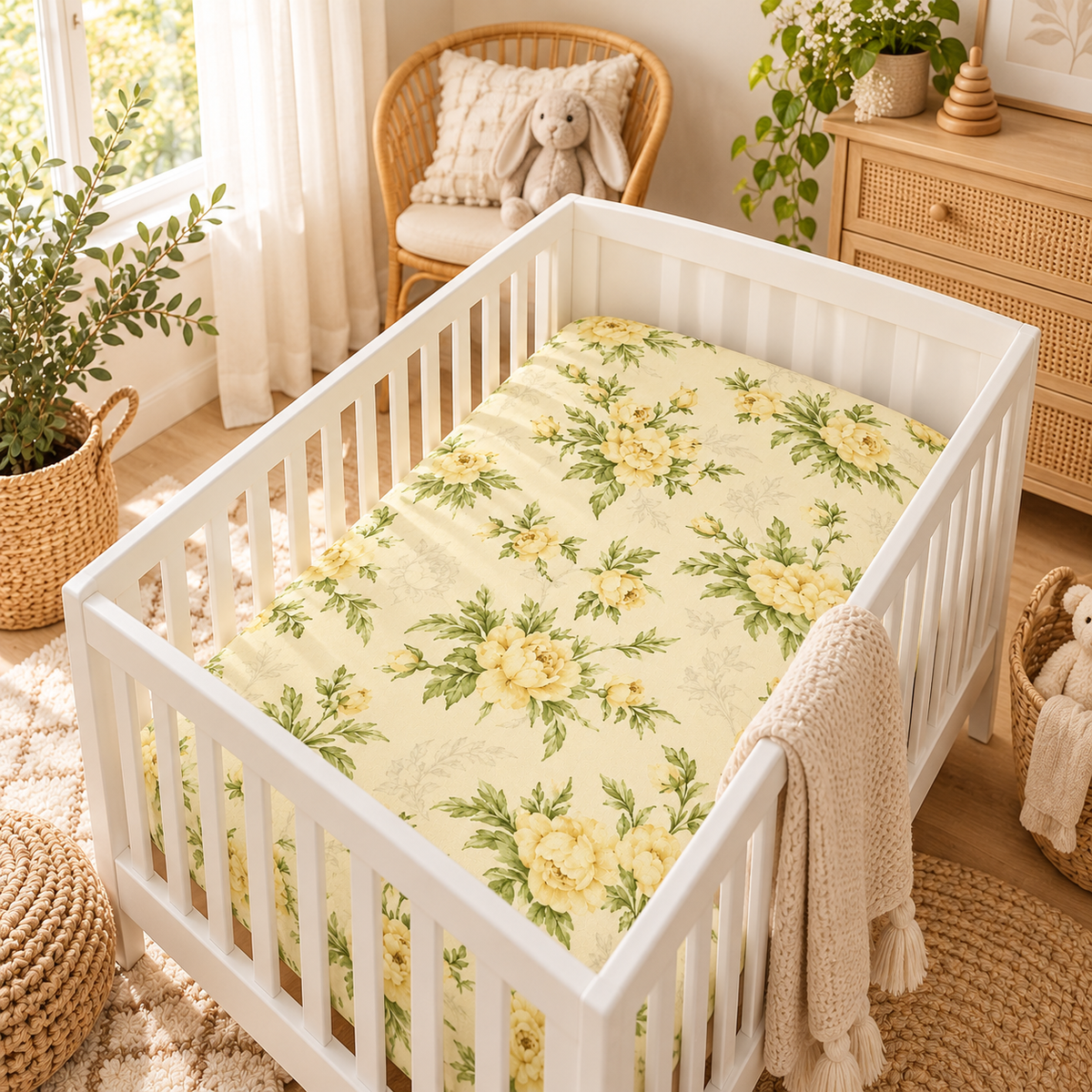 Baby Cot Bed fitted sheet 140 x 70 cm 100% Cotton - Peony Vanilla