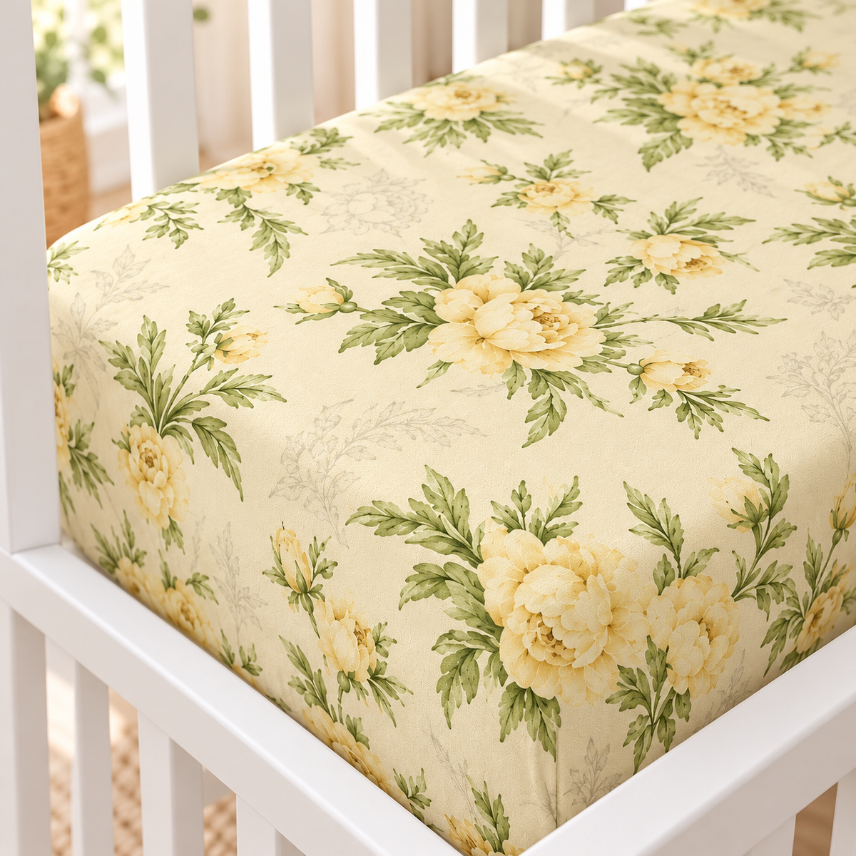 BABYMAM Baby Cot Bed Fitted Sheet 120x60 cm 100% Cotton, Soft Breathable Printed Fitted Sheet for Baby Cot Mattress (Peony Vanilla)
