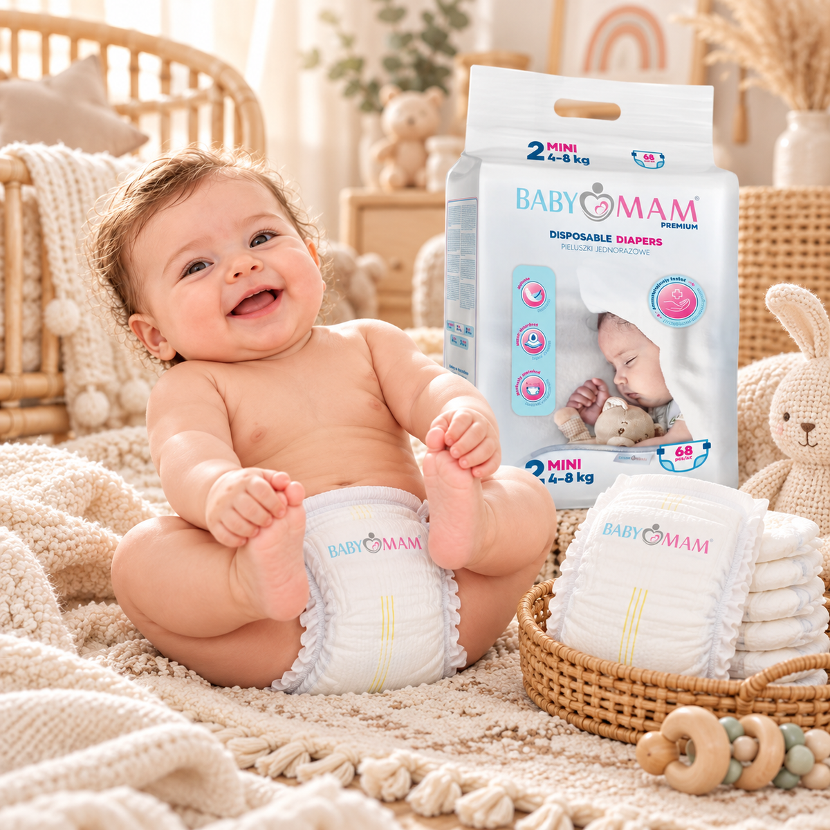 Disposable Diapers BABYMAM Fragrance Free and Extra Skin Care MINI 4-8kg