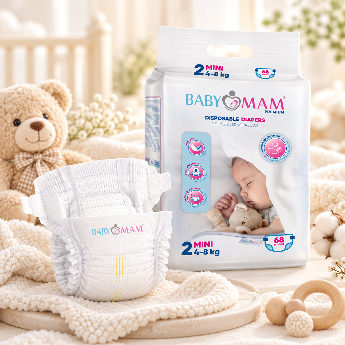 Disposable Diapers BABYMAM Fragrance Free and Extra Skin Care MINI 4-8kg