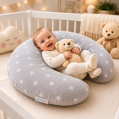 Baby Feeding Pillow + Removable Cover Small White Stars with Grey - MyHappy Baby