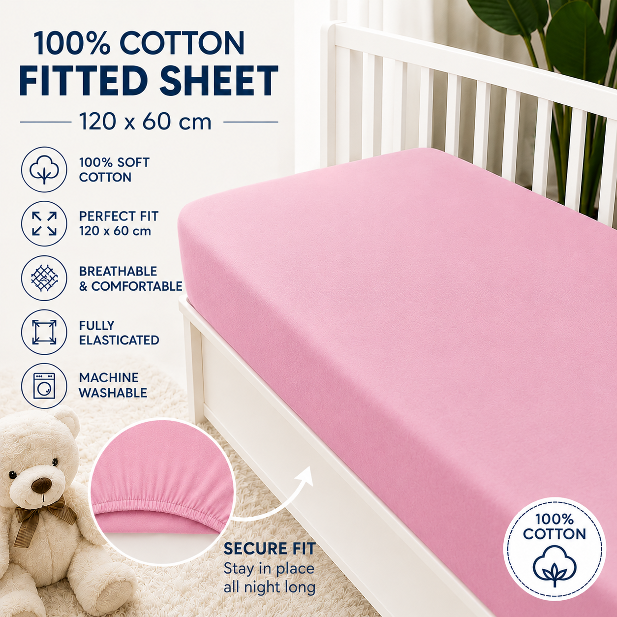100% cotton fitted sheet for cot 120x60cm nursery baby soft plain style Pink - MyHappy Baby