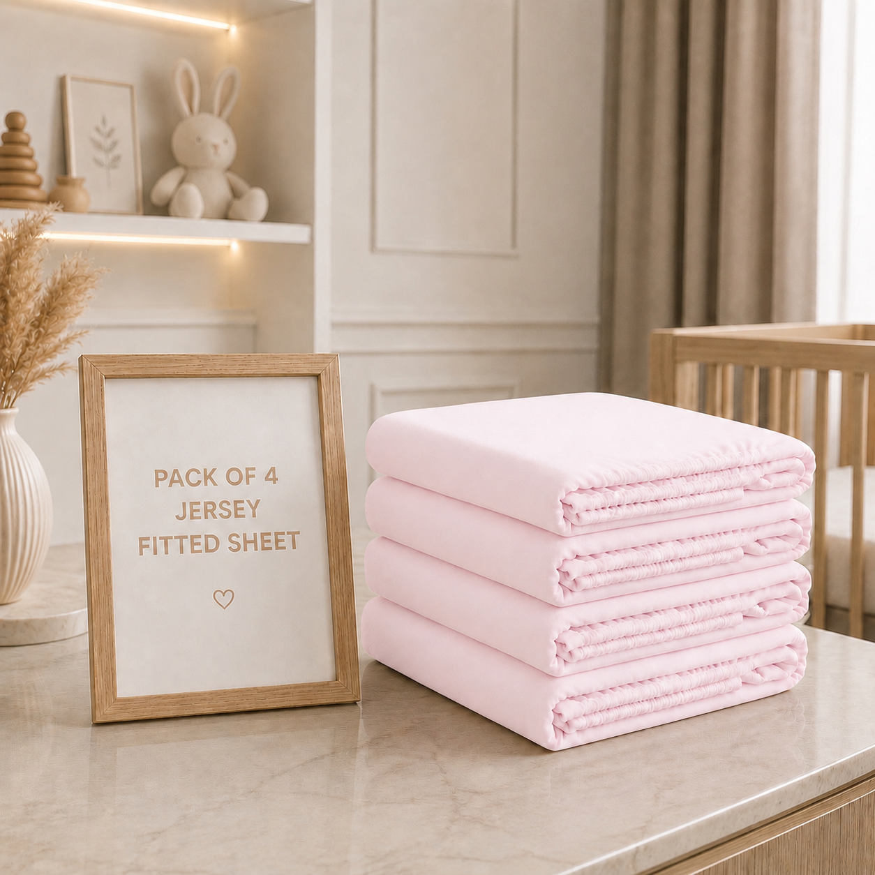 BABYMAM 4 Pack Cot Fitted Sheets 120x60 cm, 100% Organic Jersey Cotton Baby Cot Sheets, Soft Breathable Baby Bedding, Elasticated Mattress Covers (Pink)