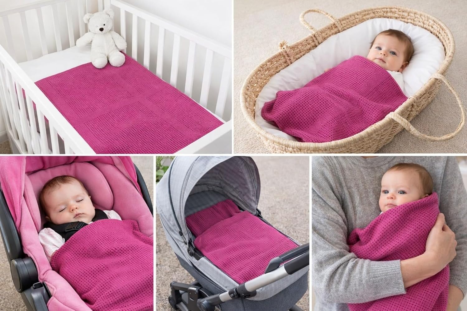 Cellular Baby Blanket 90x70 cm, Safe Nights, Organic 100% Cotton, Pack of 2, Breathable Newborn Blanket, Soft Nursery, Baby Bedding (Pink)