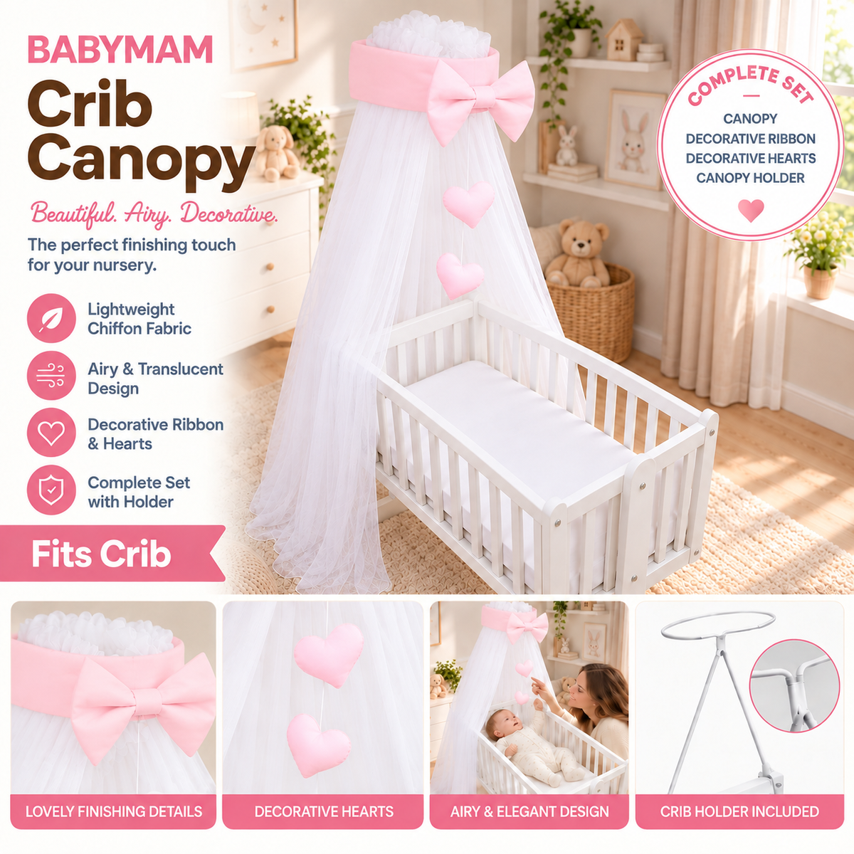 Baby Crib Canopy Mosquito Net with Holder, Decorative Bow & Hanging Hearts – Pink