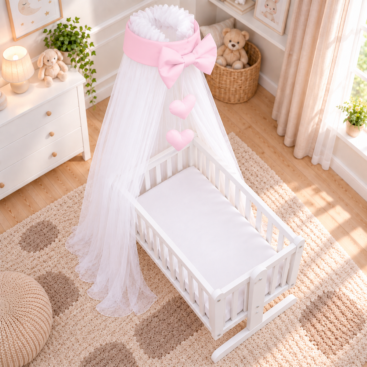 Baby Crib Canopy Mosquito Net with Holder, Decorative Bow & Hanging Hearts – Pink