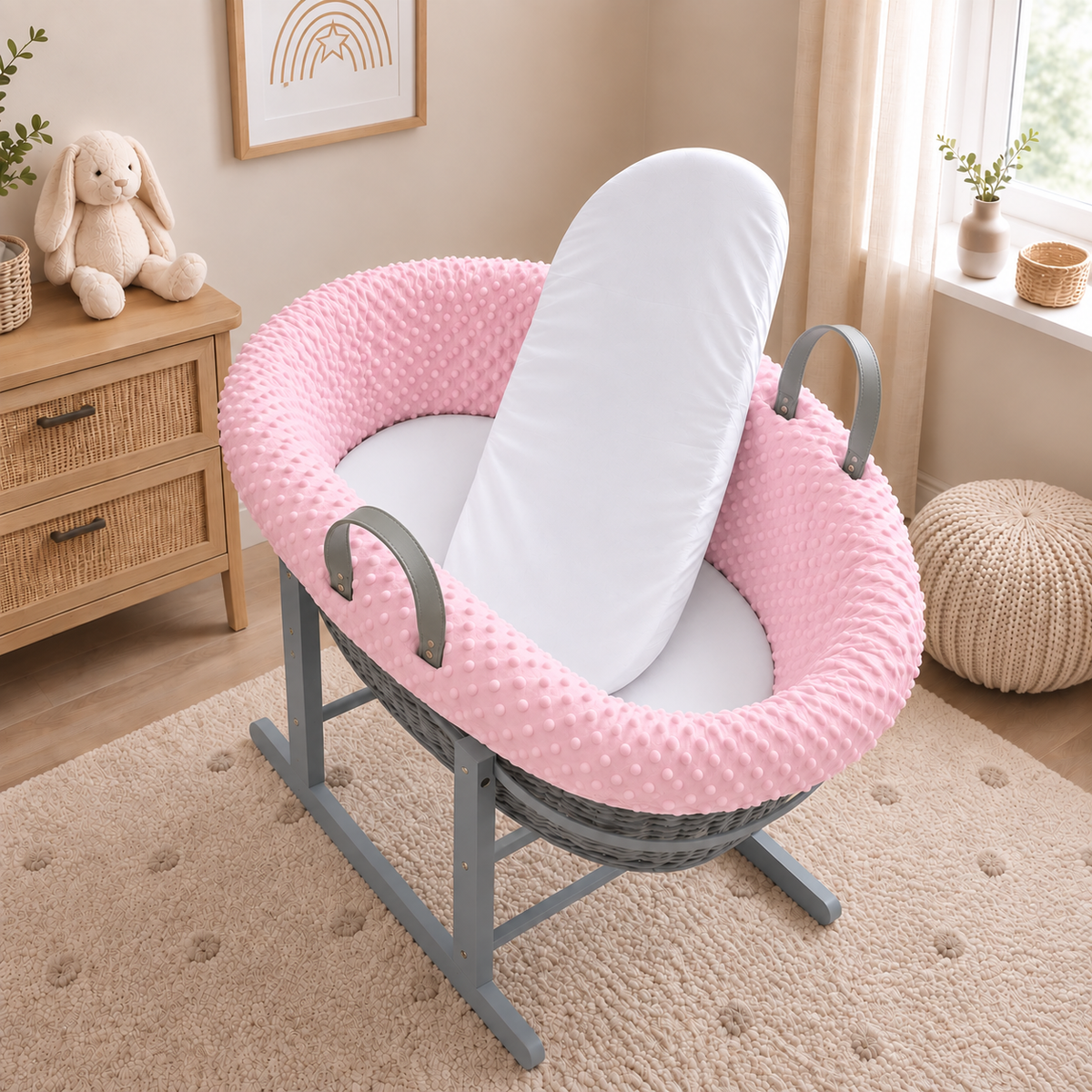 Grey Wicker Moses Basket with Rocking Stand Complete 5-Piece Set (Pink)