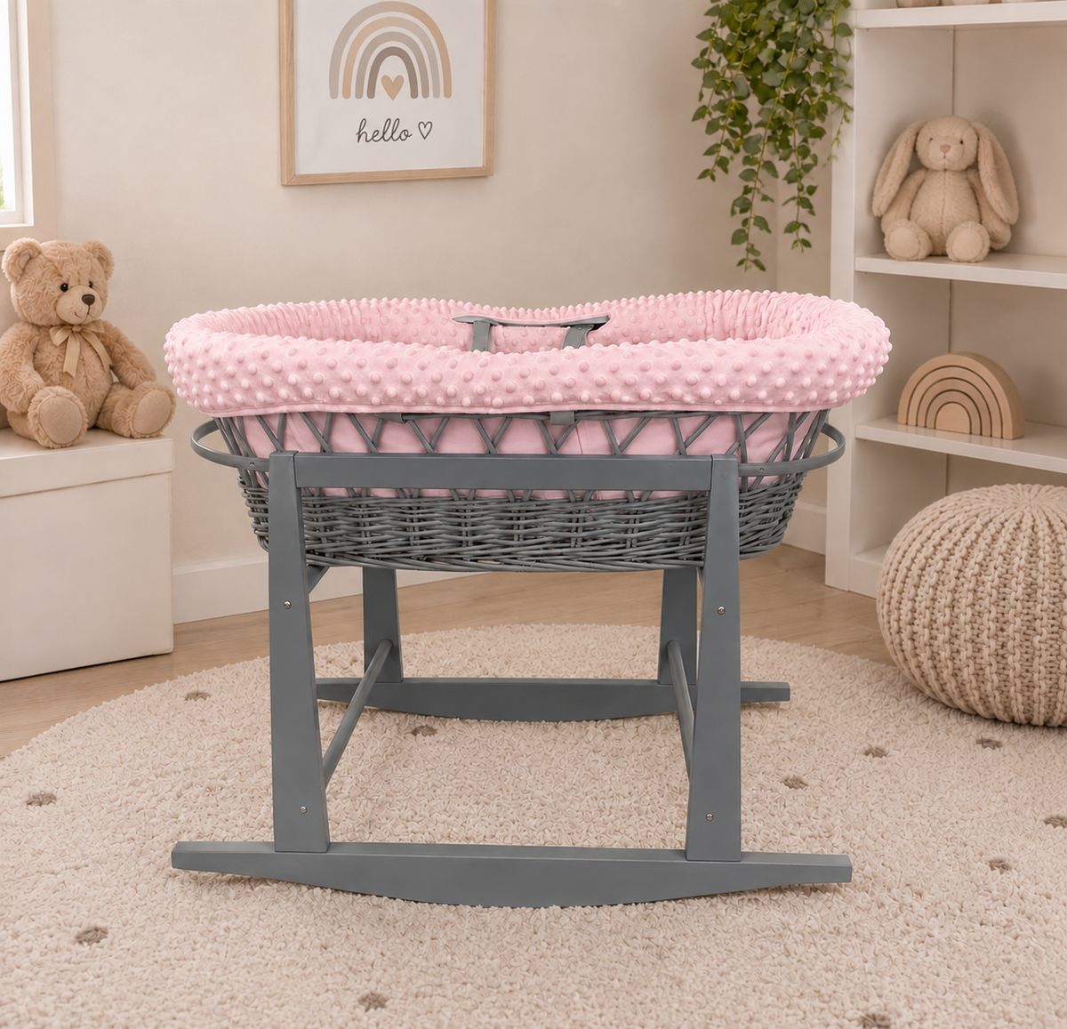 Grey Wicker Moses Basket with Rocking Stand Complete 5-Piece Set (Pink)