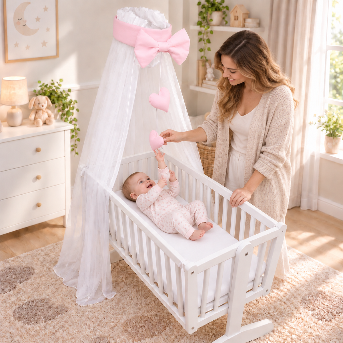 Baby Crib Canopy Mosquito Net with Holder, Decorative Bow & Hanging Hearts – Pink