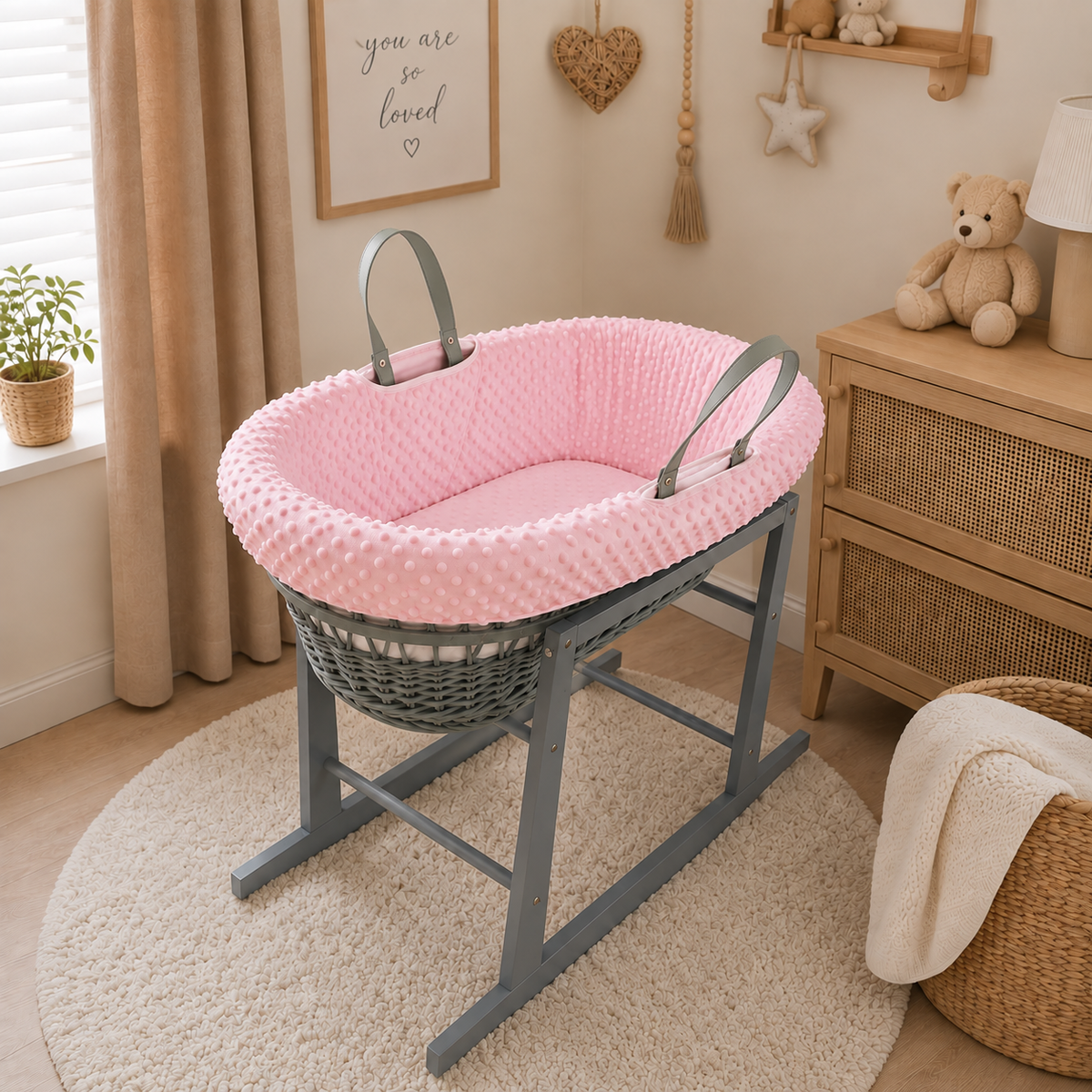 Grey Wicker Moses Basket with Rocking Stand Complete 5-Piece Set (Pink)