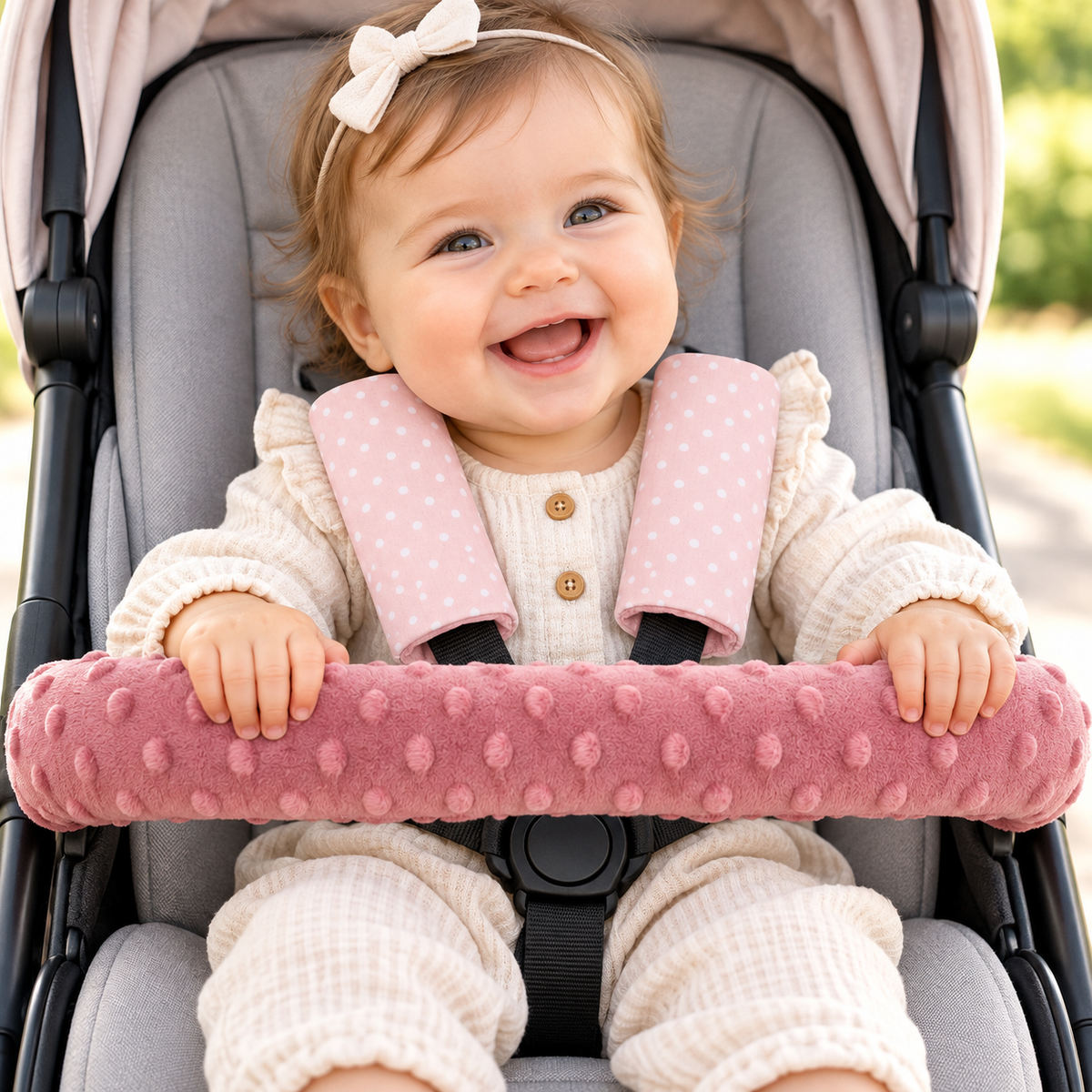 3 Piece Soft Padded Reversible Pushchair Stroller Strap Pads & Bumper Bar Cover Set – Pink/Dots