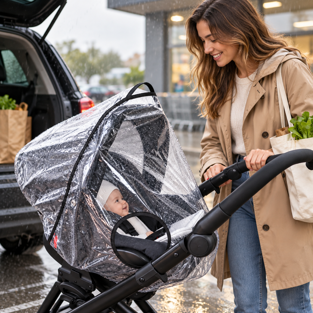 Baby Car Seat Rain Cover Clear Waterproof PVC Infant Carrier Rainhood with Ventilation Opening