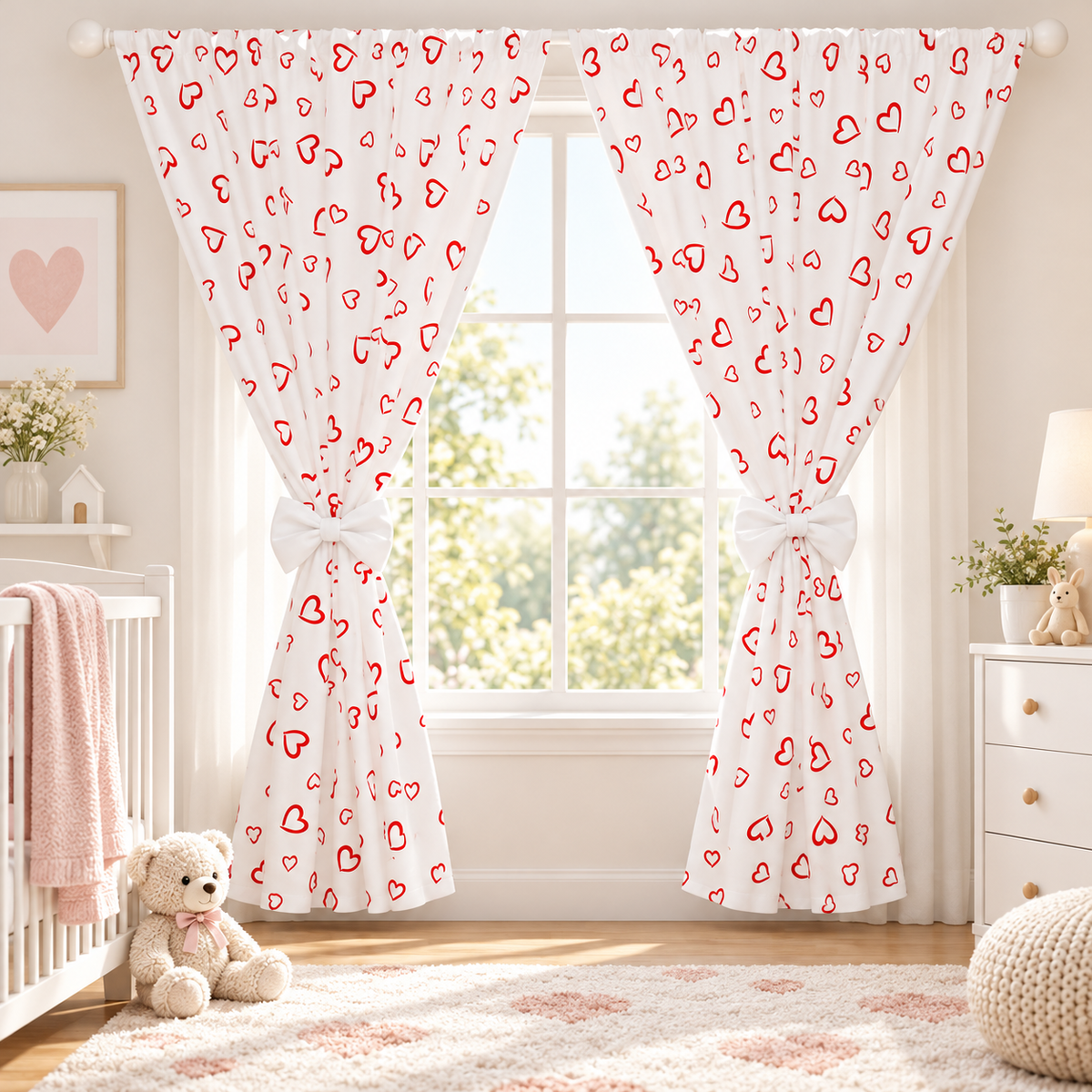 Nursery Curtains for Babies & Toddler's Bedroom Red hearts on white
