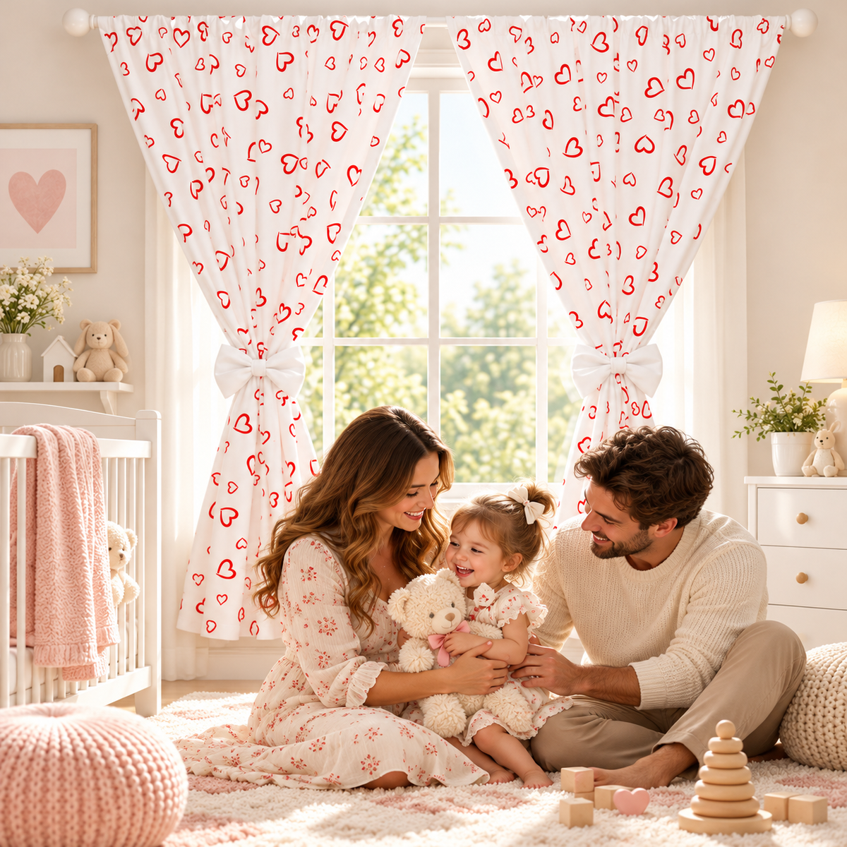 Nursery Curtains for Babies & Toddler's Bedroom Red hearts on white