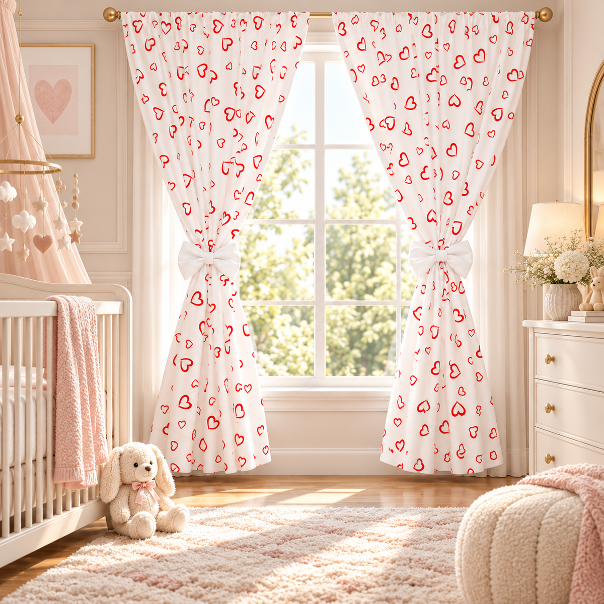 Nursery Curtains for Babies & Toddler's Bedroom Red hearts on white