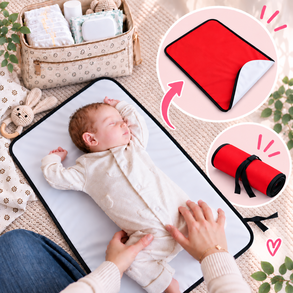 Portable Baby Changing Mat  Waterproof, Reversible & Foldable Travel Nappy Changing Pad (Red)