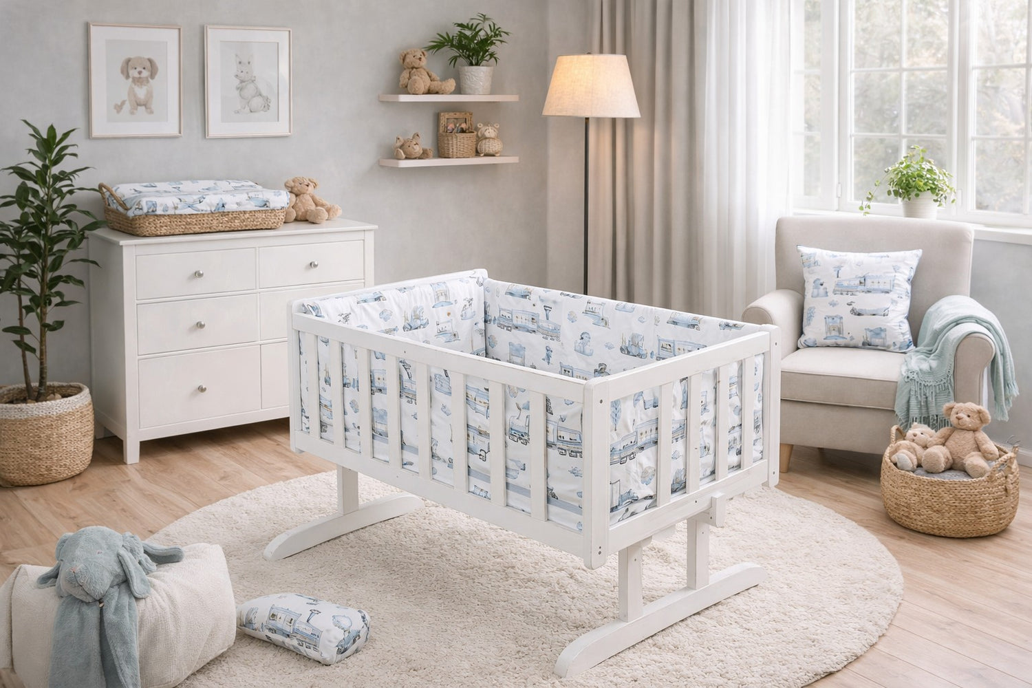 Baby Bedding Set 6pc 70x80cm Fit Crib Bumper Pillow Duvet Sheet Retro Locomotive