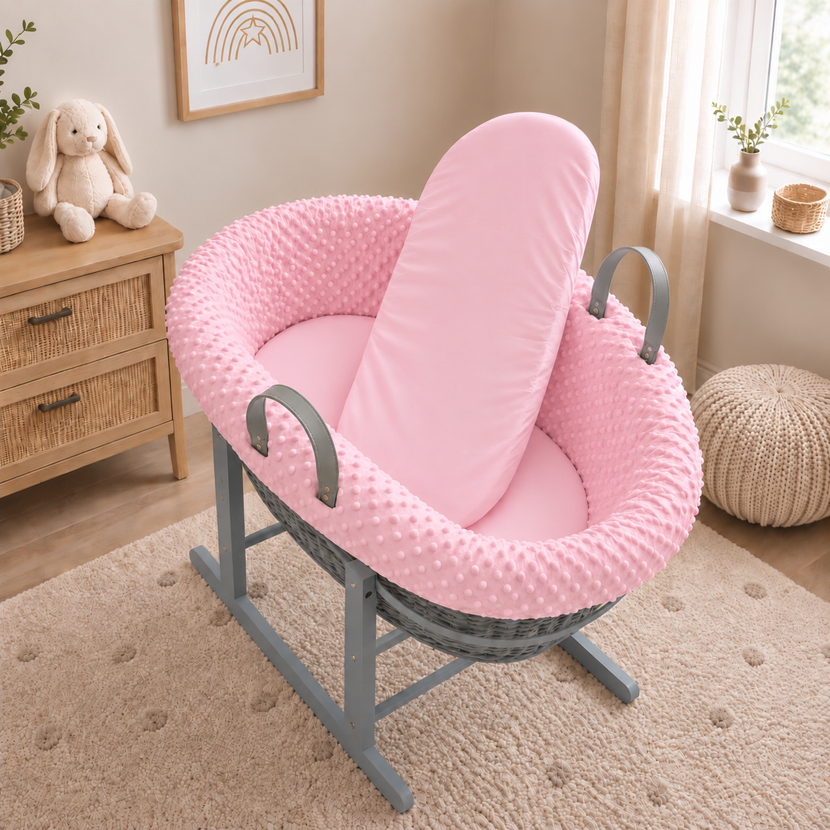 Grey Wicker Moses Basket with Rocking Stand Complete 5-Piece Set (Pink)