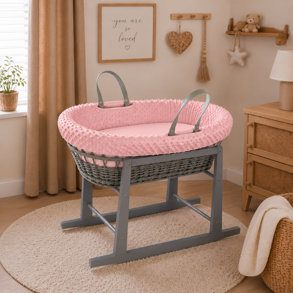 Grey Wicker Moses Basket with Rocking Stand Complete 5-Piece Set (Pink)