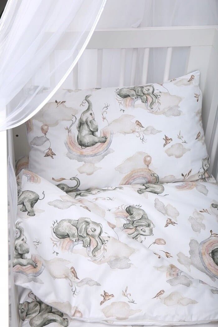 120x90 3Pc Baby Bedding Set Pillow Duvet Bumper Elephant On The Cloud/ Dots Pink