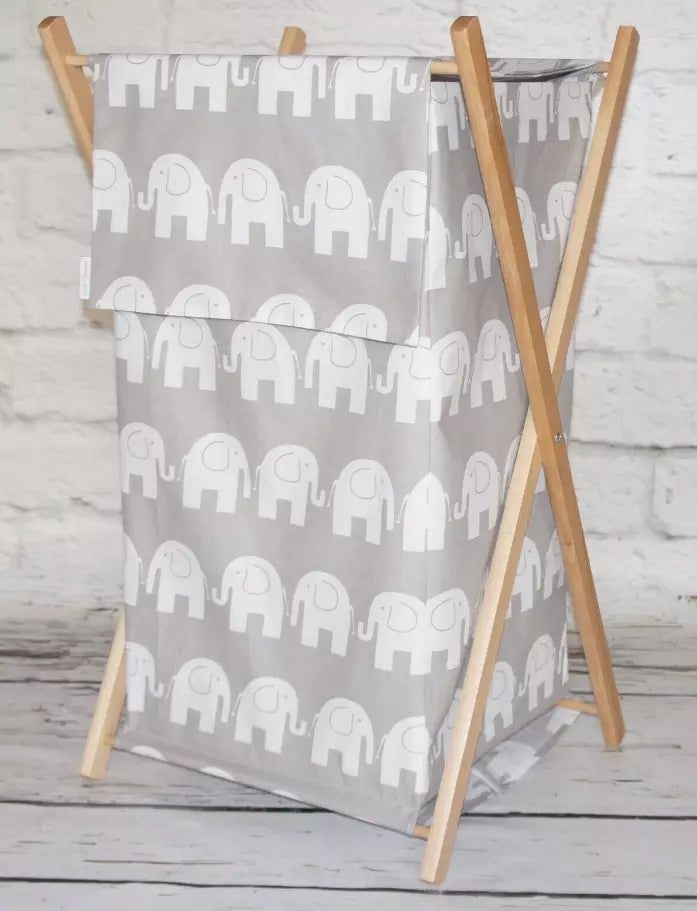 Wooden frame laundry basket with removable linen Elephants grey