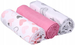 Baby  Muslin Nappies Cloth Diaper 100% Cotton 3-Pack Colourful 70x80cm Powdered Hearts - MyHappy Baby