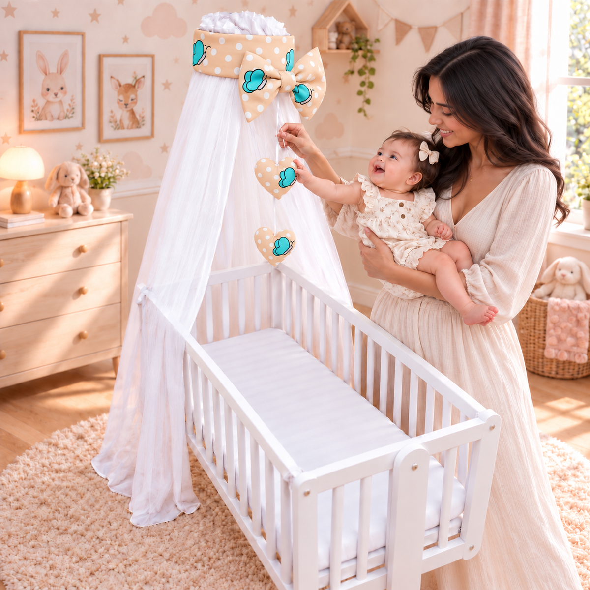 Baby Crib Canopy Mosquito Net with Holder, Decorative Bow & Hanging Hearts – Sheep ecru