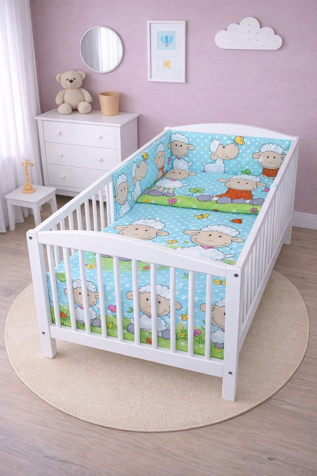 6Pc Baby Bedding Set Bumper Pillow Duvet Fit Cot 120x60cm Sheep Turquoise