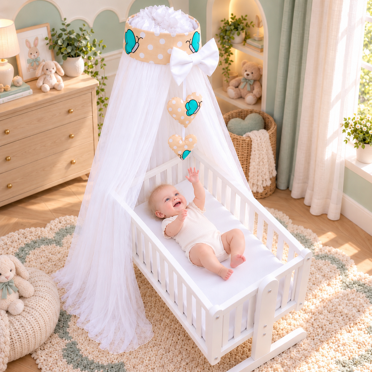 Baby Crib Canopy Mosquito Net with Holder, Decorative Bow & Hanging Hearts – Sheep ecru